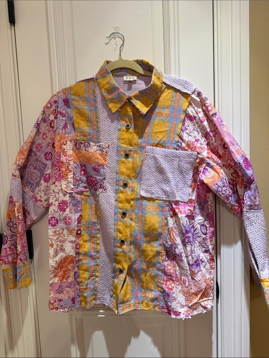 POL Tops - POL Multi Patchwork Button-Down Shacket in Pink, Purple, Gold & Orange-NWOT-Sz M